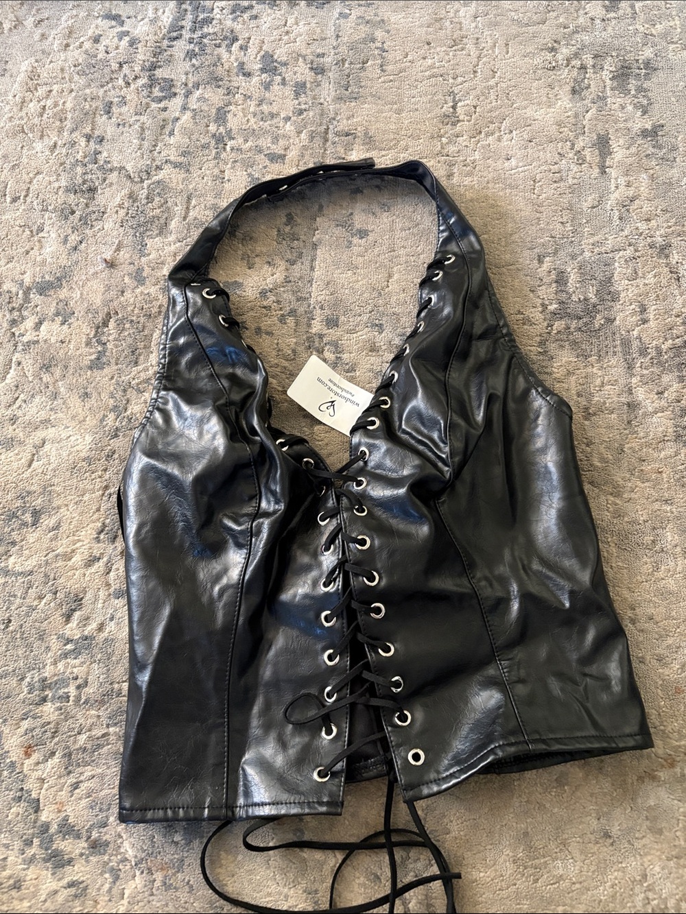 Windsor Black Faux Leather Lace-Up Halter Camisole